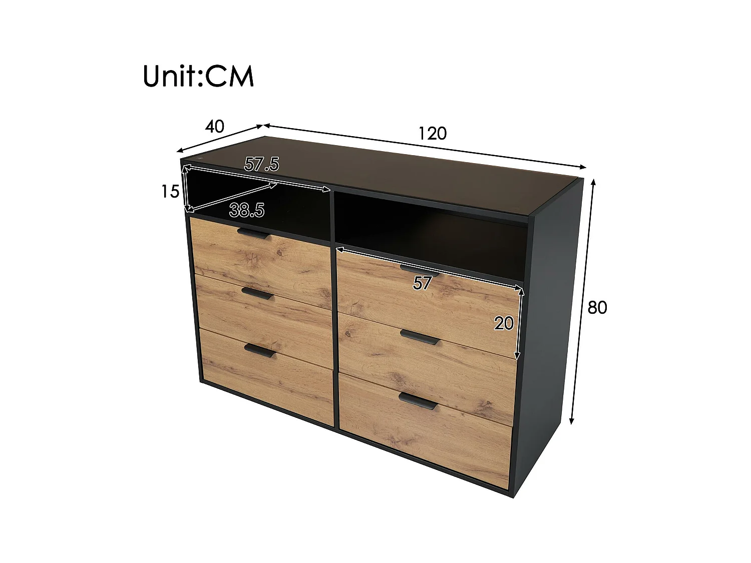 Kommode mit 6 Schubladen und 2 Fächern – Glasplatte – Braun