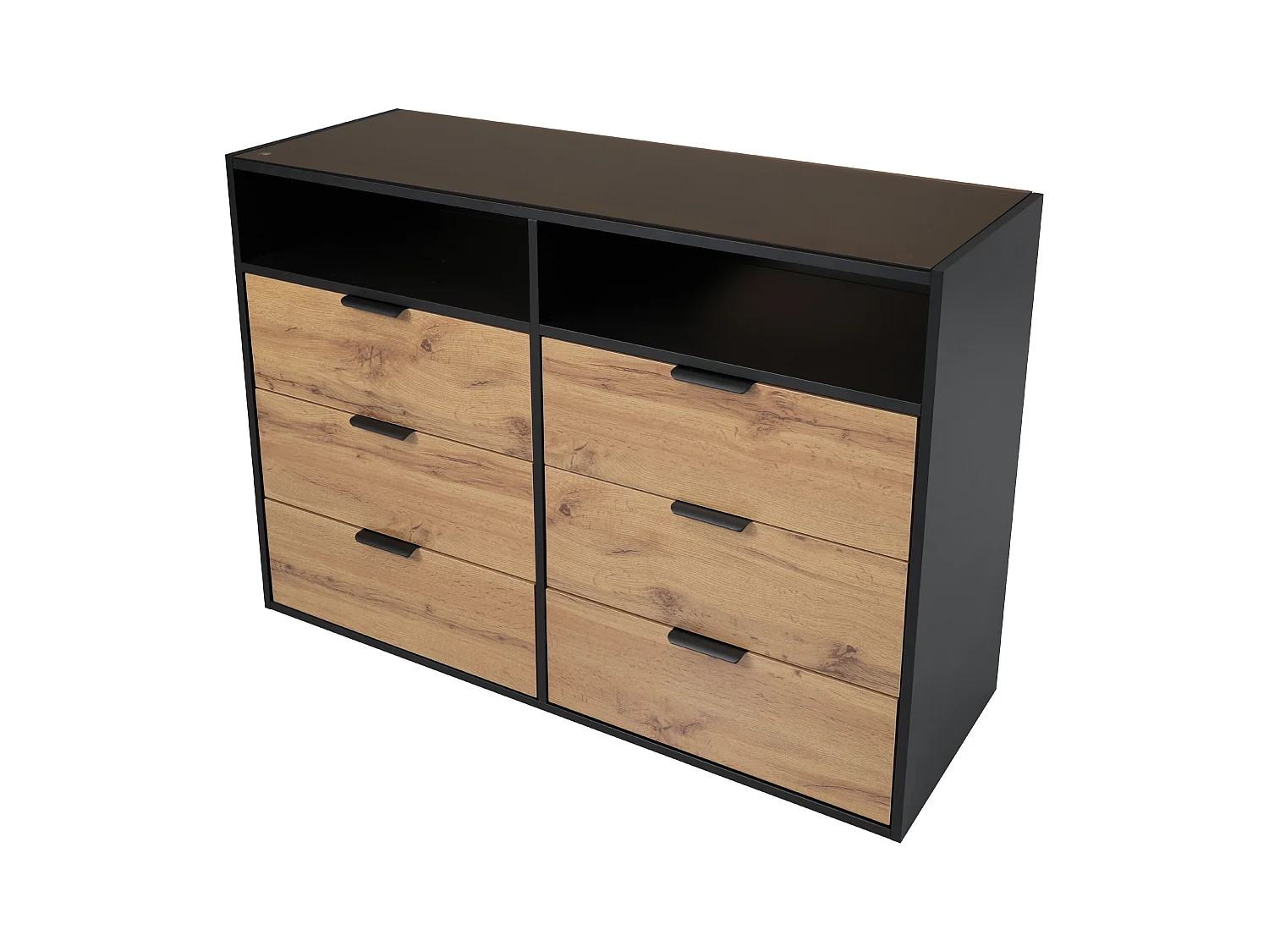 Kommode mit 6 Schubladen und 2 Fächern – Glasplatte – Braun