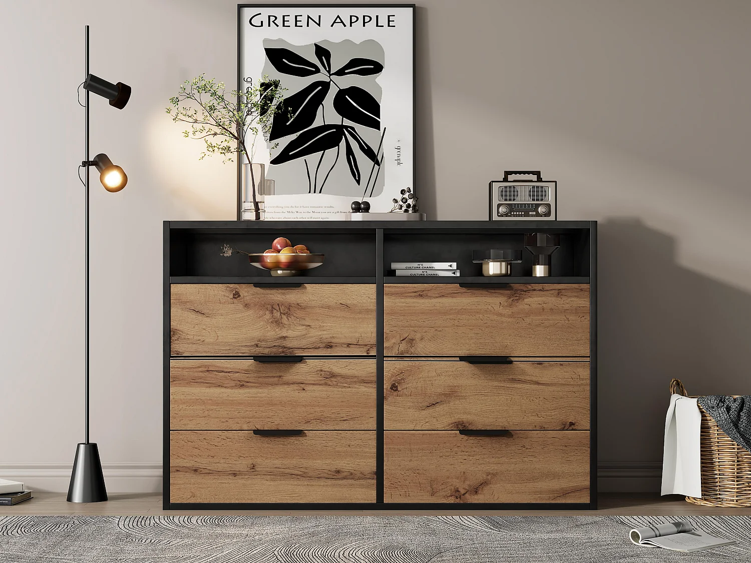 Ladekast met 6 laden en 2 vakken - glazen blad - Bruin