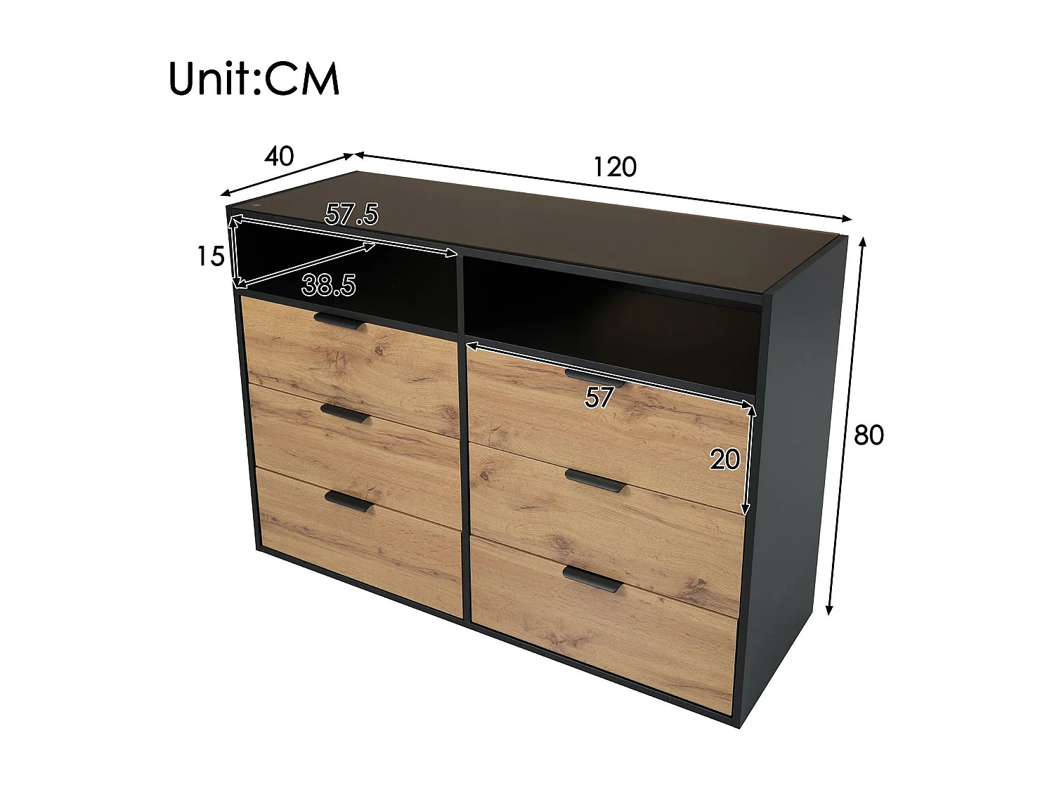 Ladekast met 6 laden en 2 vakken - glazen blad - Bruin