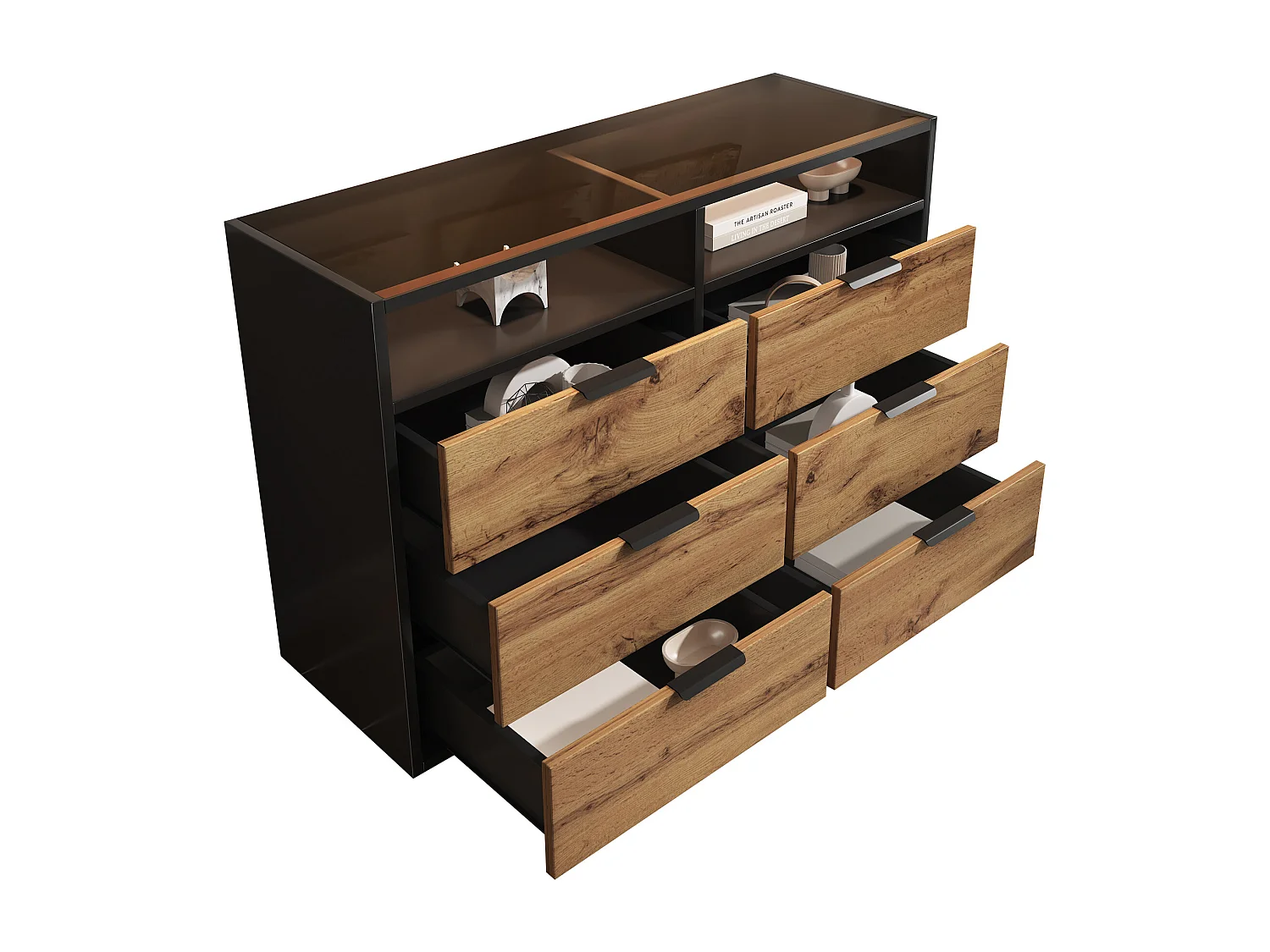 Ladekast met 6 laden en 2 vakken - glazen blad - Bruin