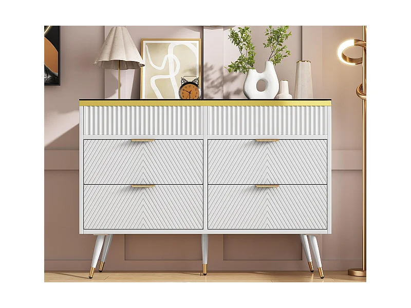 Kommode mit 6 Schubladen und geteilten Fächern – Glasplatte – Weiß