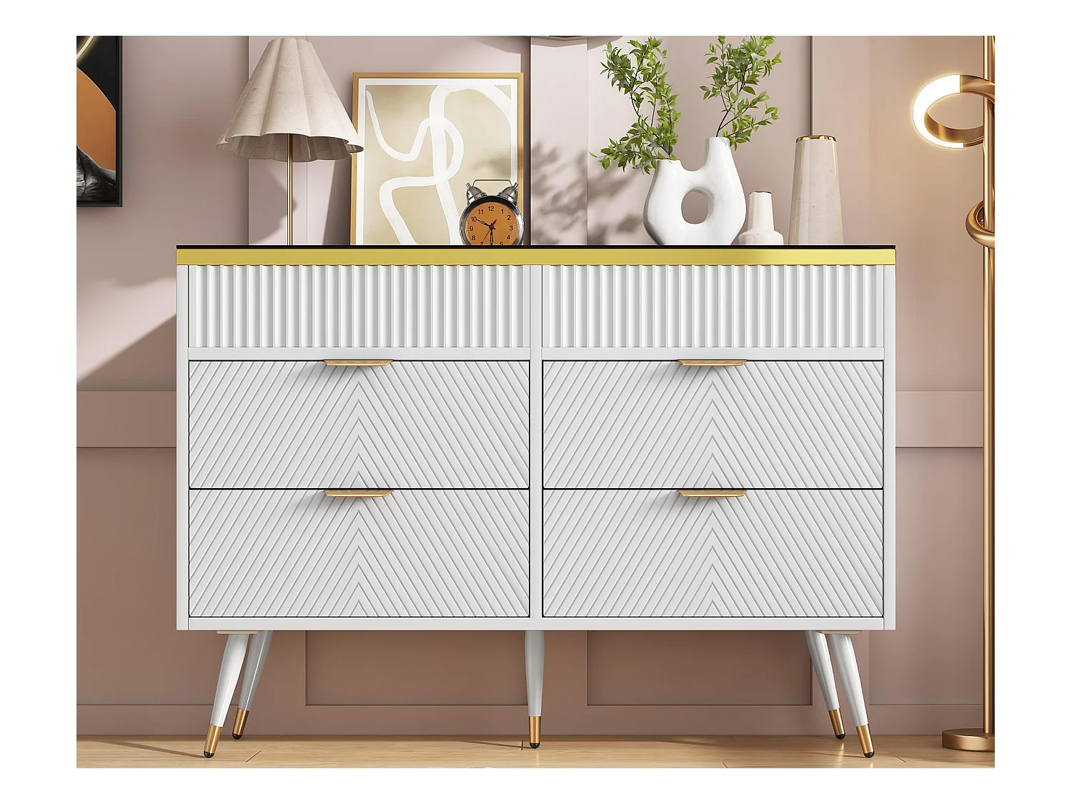 Commode avec 6 tiroirs et compartiments divisés - plateau en verre - Blanc