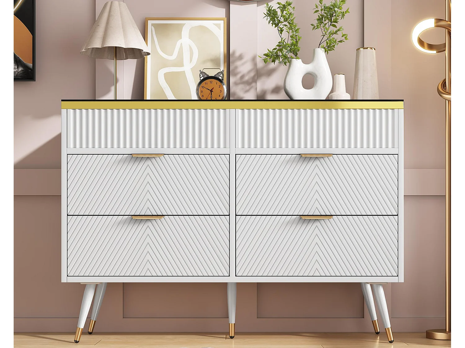 Commode avec 6 tiroirs et compartiments divisés - plateau en verre - Blanc