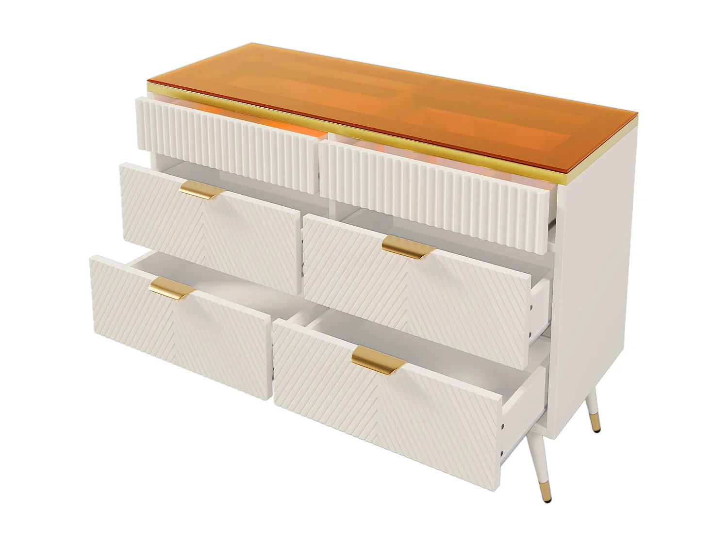 Commode avec 6 tiroirs et compartiments divisés - plateau en verre - Blanc