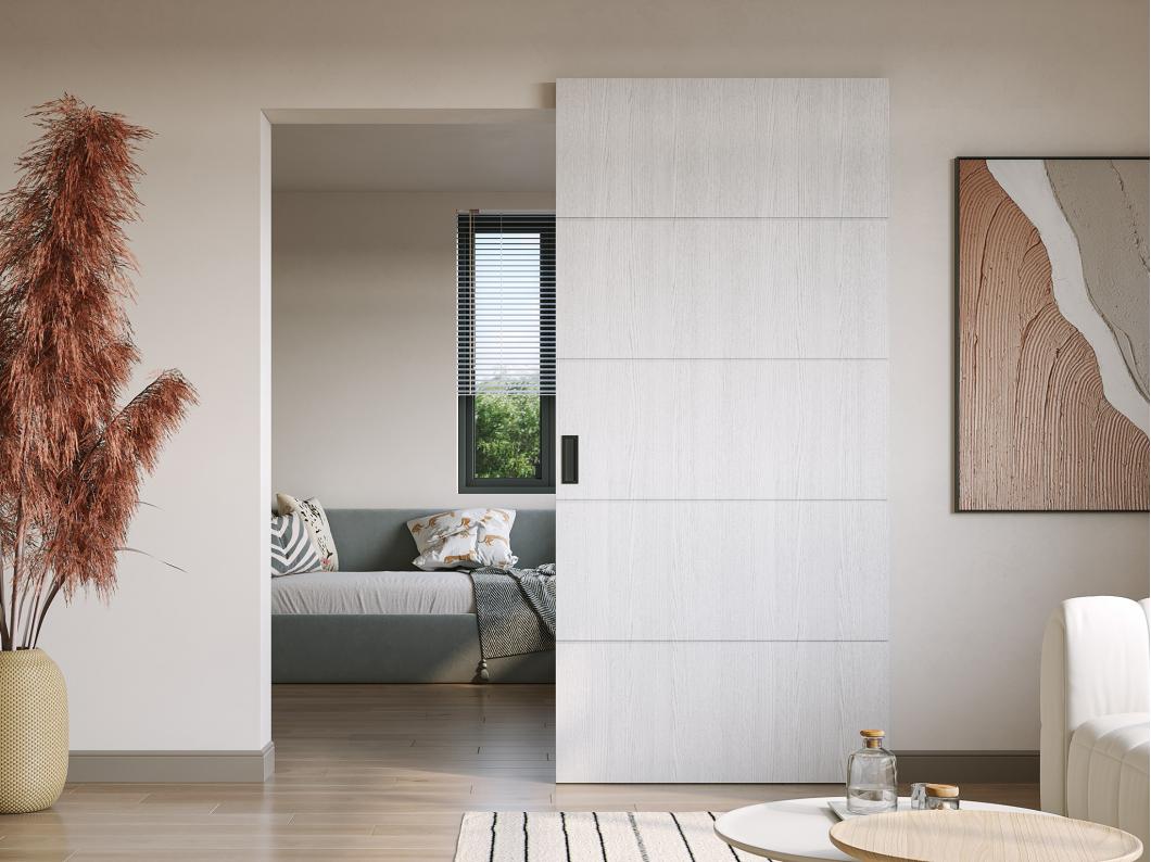 Porte coulissante en bois et MDF avec rail invisible - Blanc - 83 x 210 cm - SOMIRI