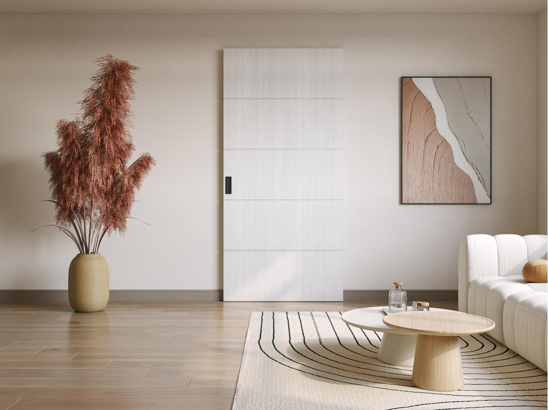 vente unique Porte coulissante en bois et MDF avec rail invisible - Blanc - 93 x 210 cm - SOMIRI