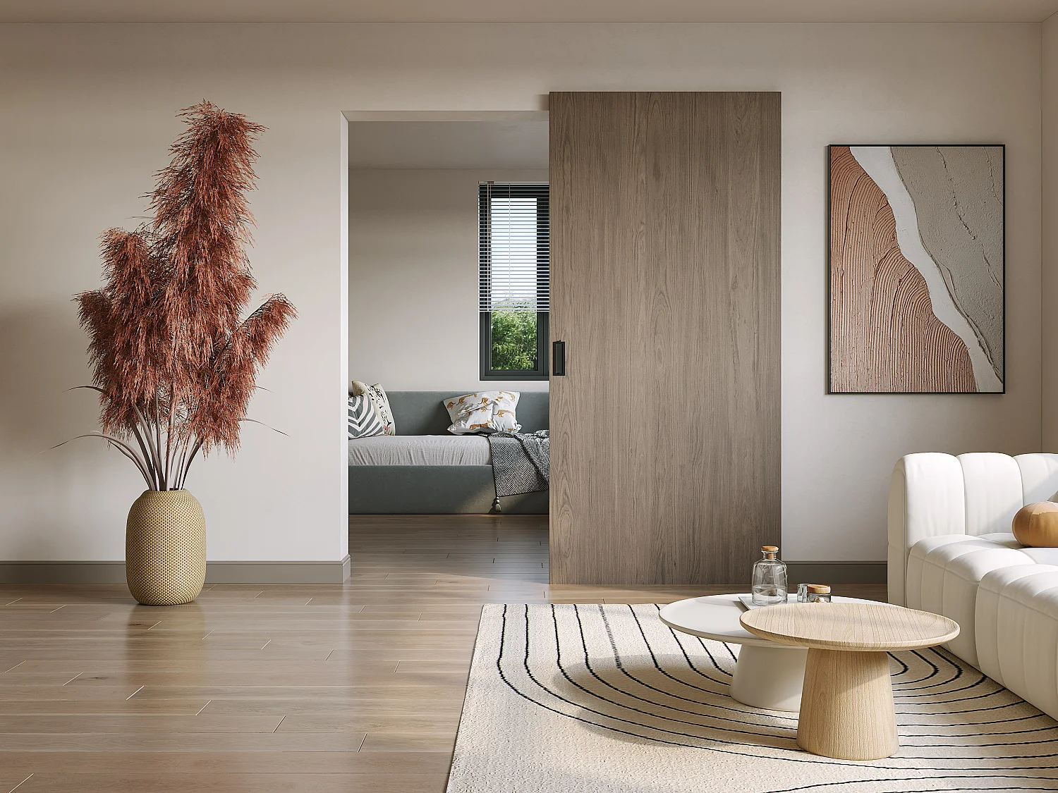 Porte coulissante en bois et MDF avec rail invisible -  Chêne clair - 83 x 210 cm - BOCAZI