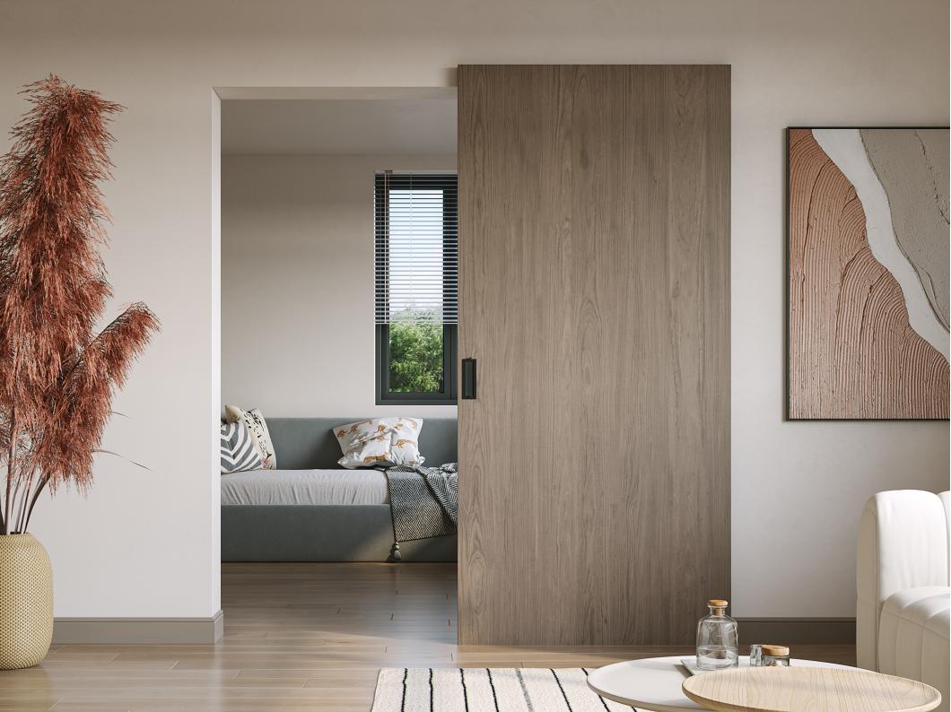 Porta scorrevole 83 x 210 cm in Legno e MDF con guida a scomparsa Rovere chiaro - BOCAZI