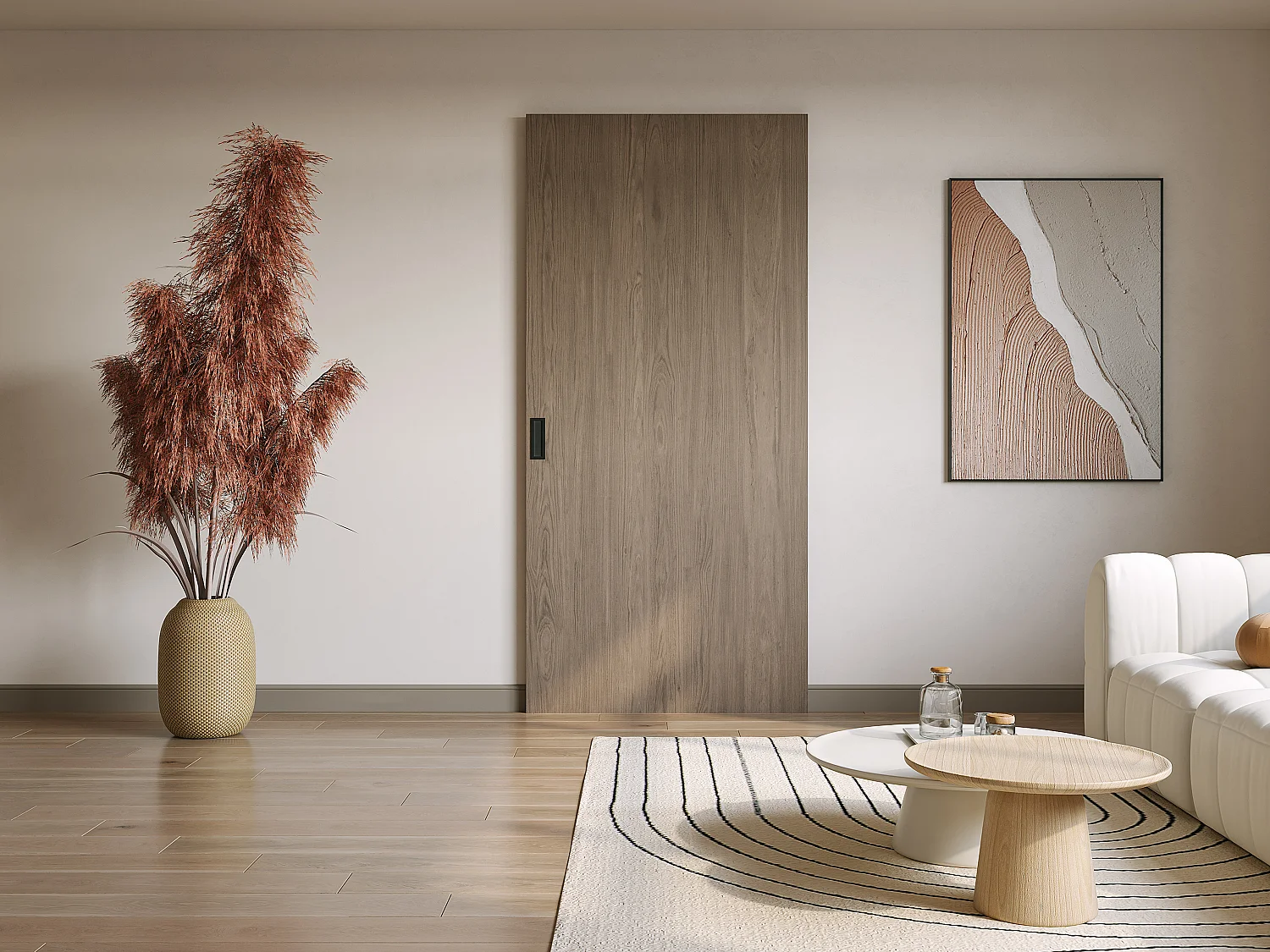 Porte coulissante en bois et MDF avec rail invisible -  Chêne clair - 93 x 210 cm - BOCAZI