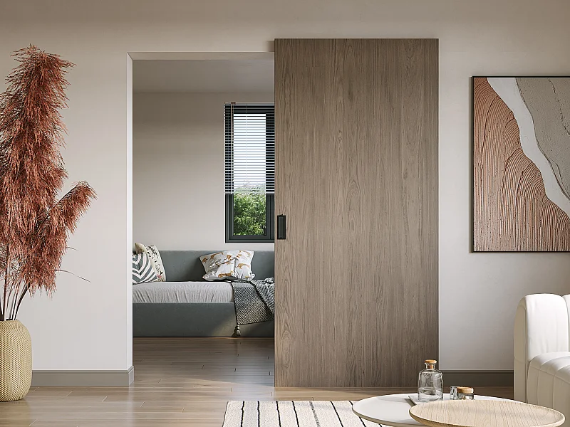 Porte coulissante en bois et MDF avec rail invisible -  Chêne clair - 93 x 210 cm - BOCAZI