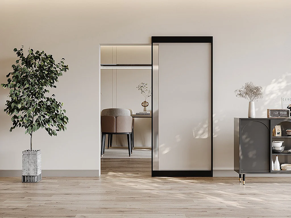 Porte coulissante avec rail invisible -  aluminium et verre trempé dépoli - 93 x 210 cm - TORIPA