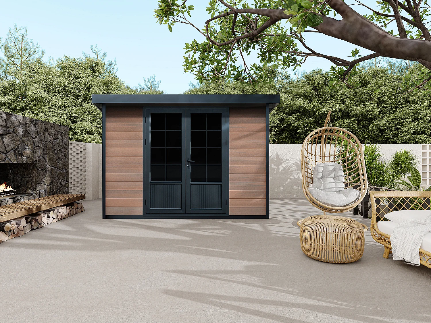 Abri de jardin en bois composite 28 mm aspect naturel foncé 10,43 m² - HAZELTON