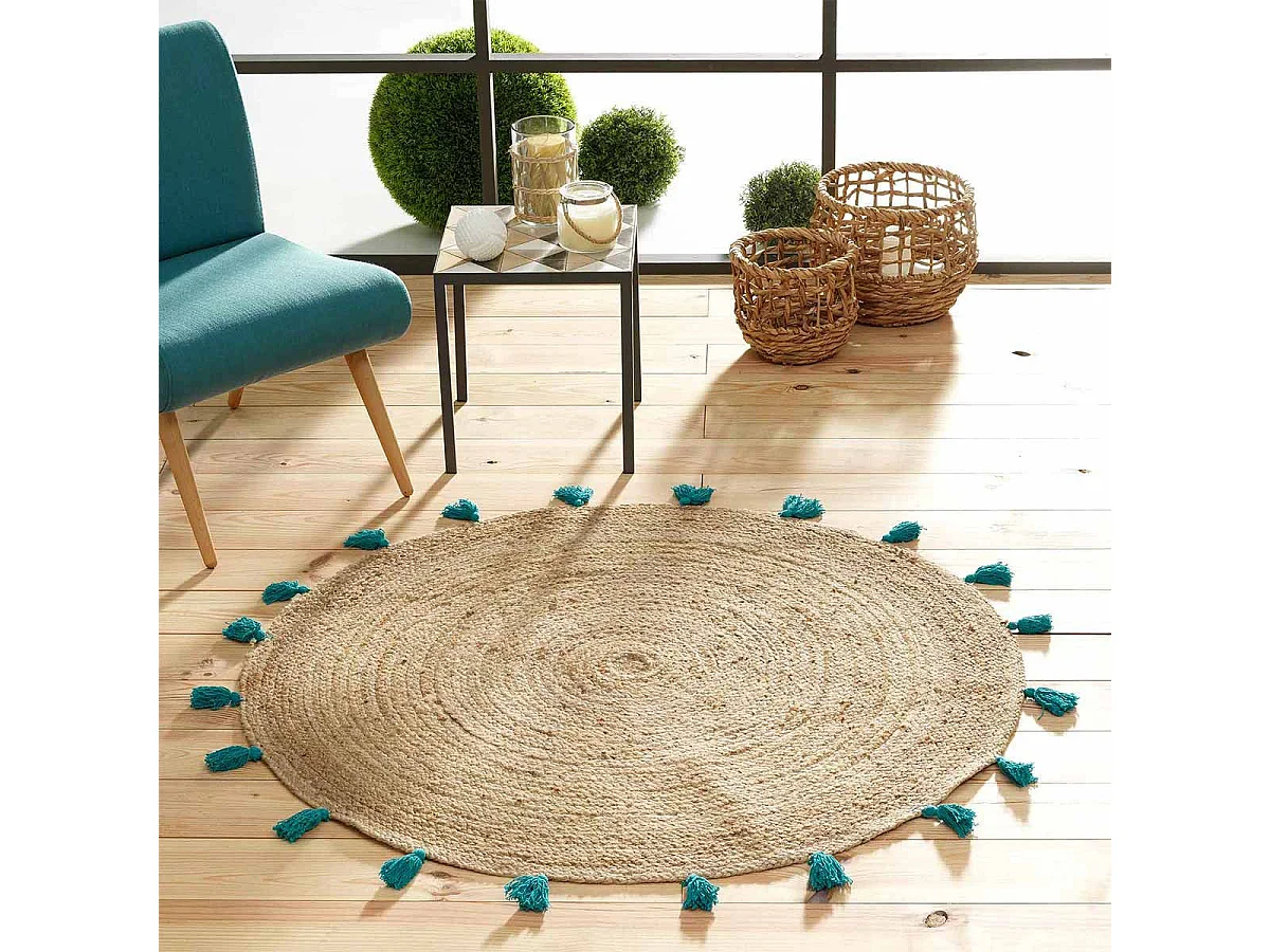 Tapis Déco Rond en Jute "Shira" 120cm Turquoise
