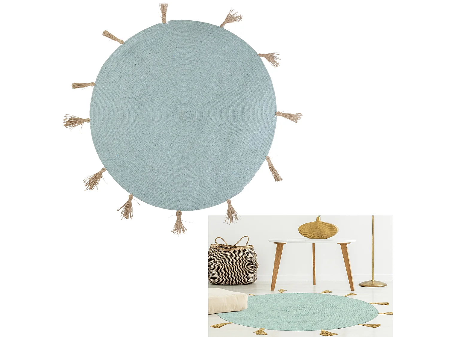 Tapis Rond Coton Pompon Celadon 90cm