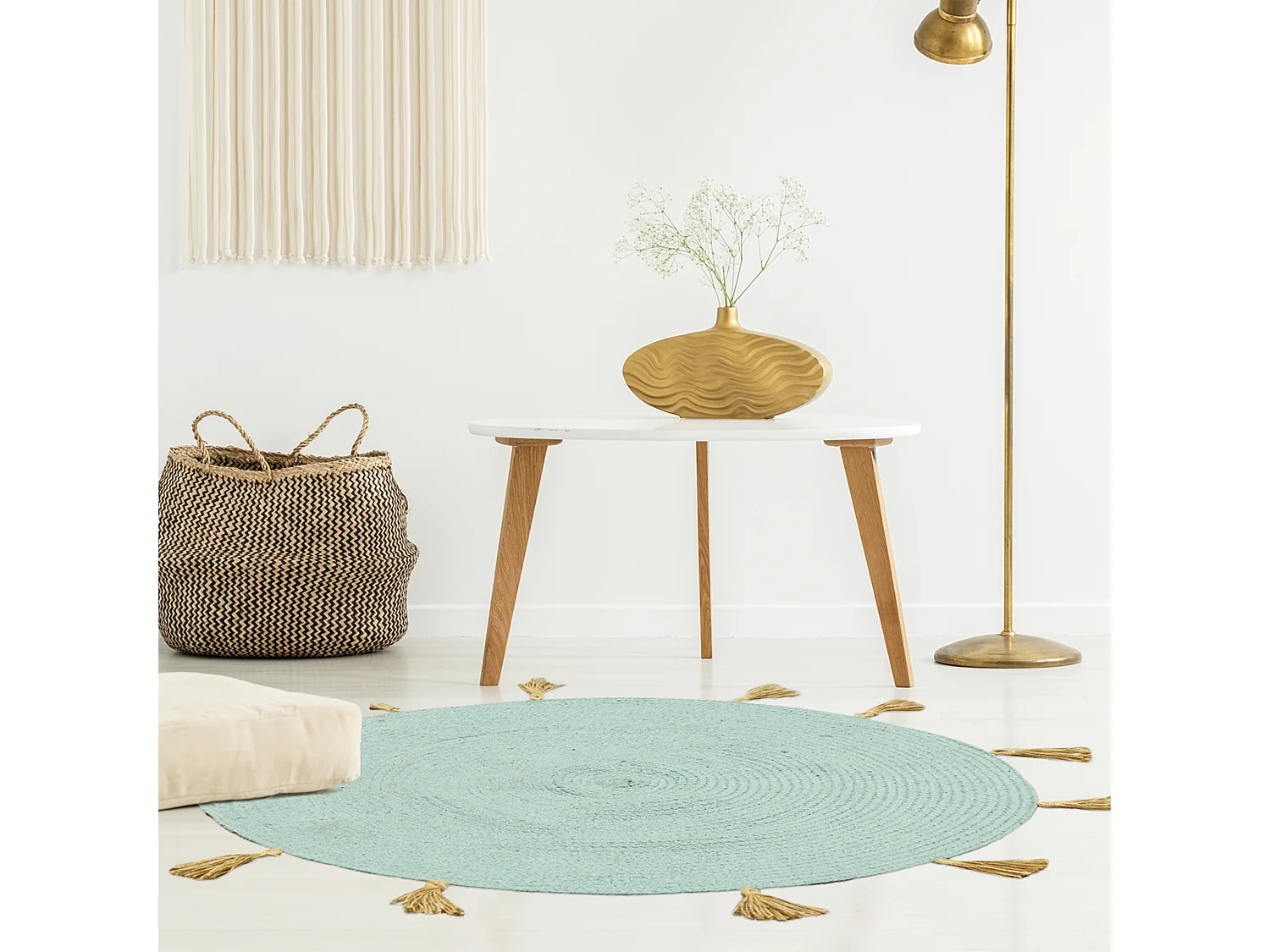 Tapis Rond Coton Pompon Celadon 90cm