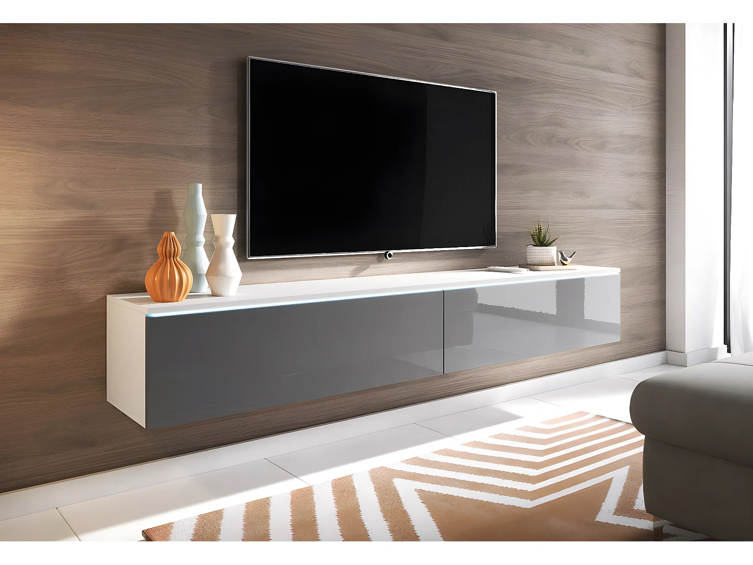 LOWBOARD D Weiß / Grau Hochglanz 180 / 32 / 30 cm