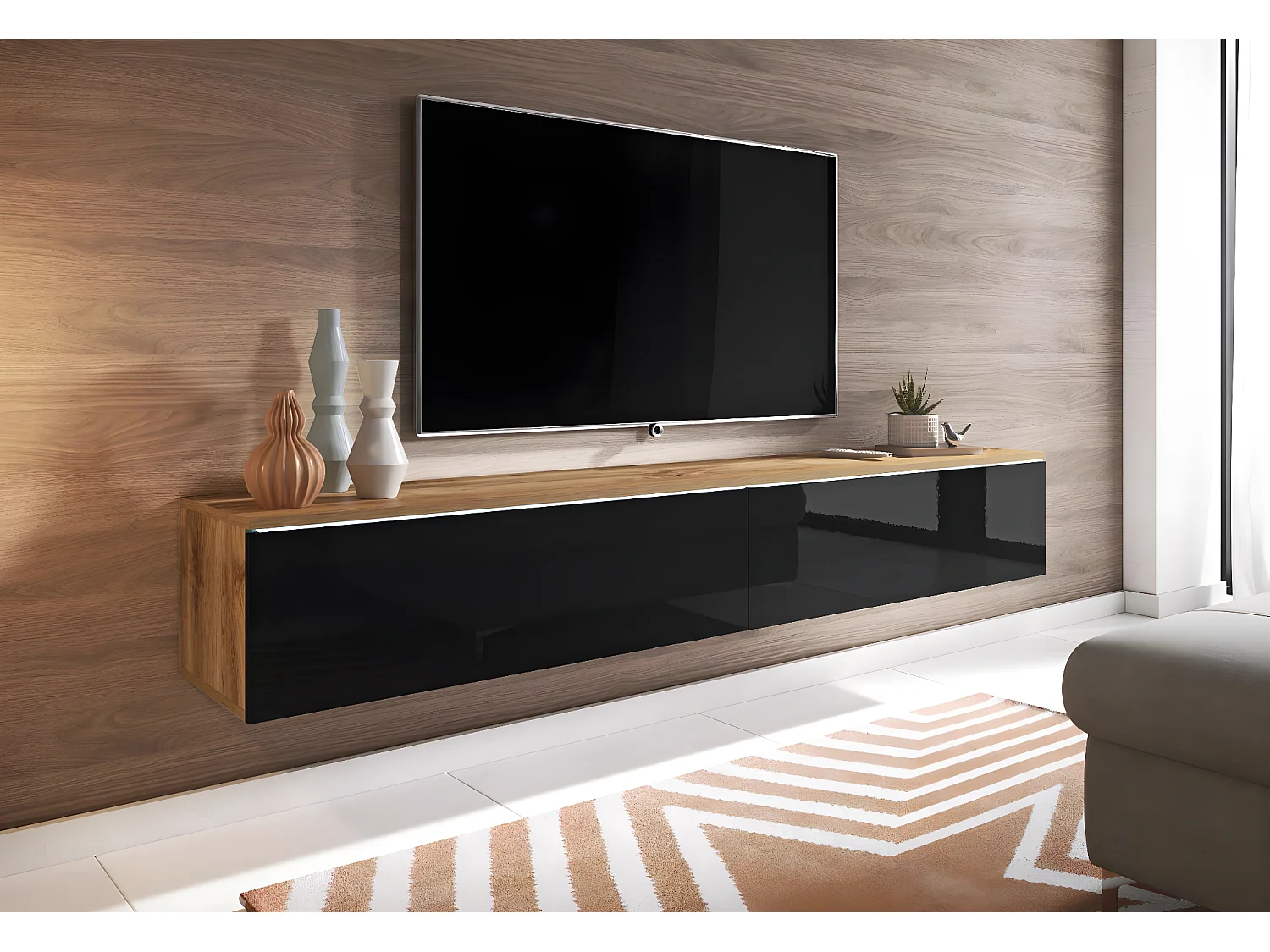 LOWBOARD D Wotan Eiche / Schwarz Hochglanz 180 / 32 / 30 cm