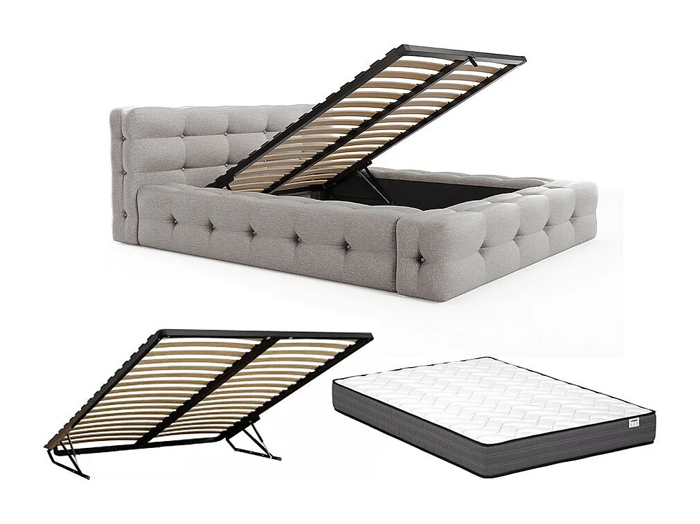 Lit coffre capitonné 180 x 200 cm - Tissu chiné - Gris clair + Matelas - LERUCO