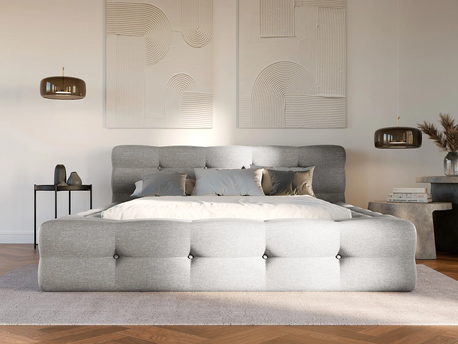 Lit coffre capitonné 180 x 200 cm - Tissu chiné - Gris clair + Matelas - LERUCO