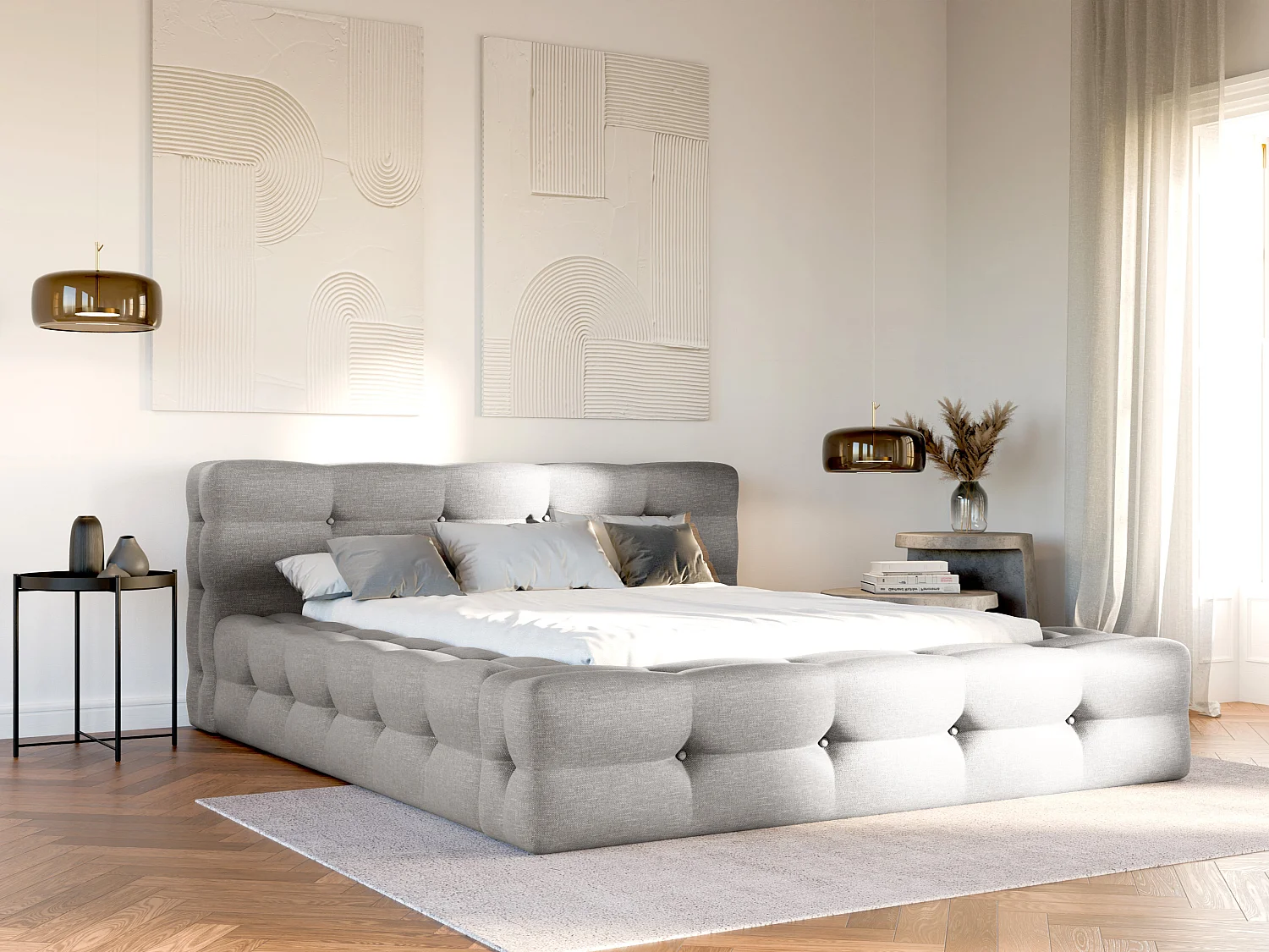 Lit coffre capitonné 180 x 200 cm - Tissu chiné - Gris clair + Matelas - LERUCO