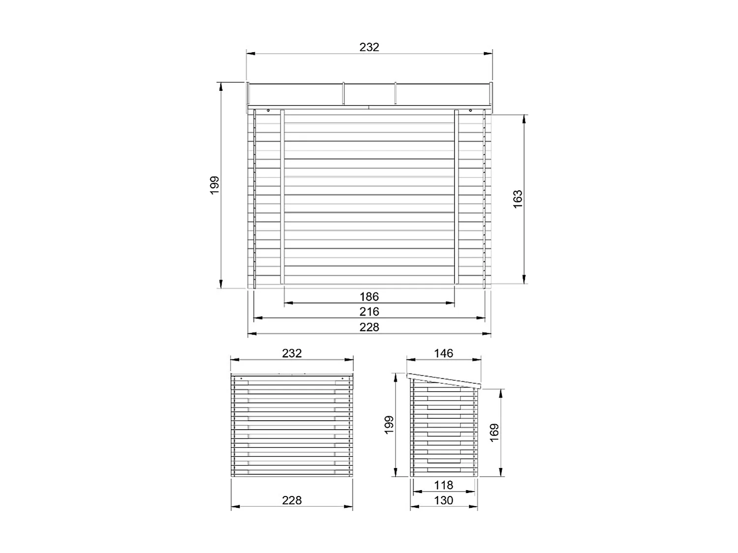 Haardhout opslagschuurtje - l146xL232xH199 cm / 2.63 m² - M202
