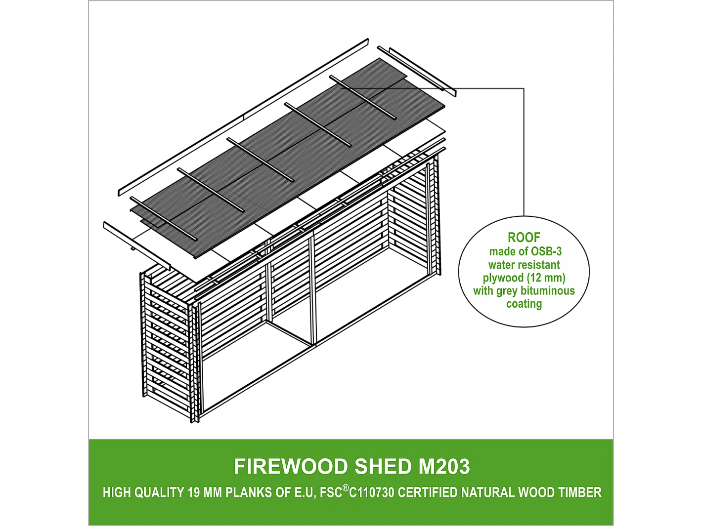 Abri à bûches - l112xL458xH199 cm/ 4m2 - M203