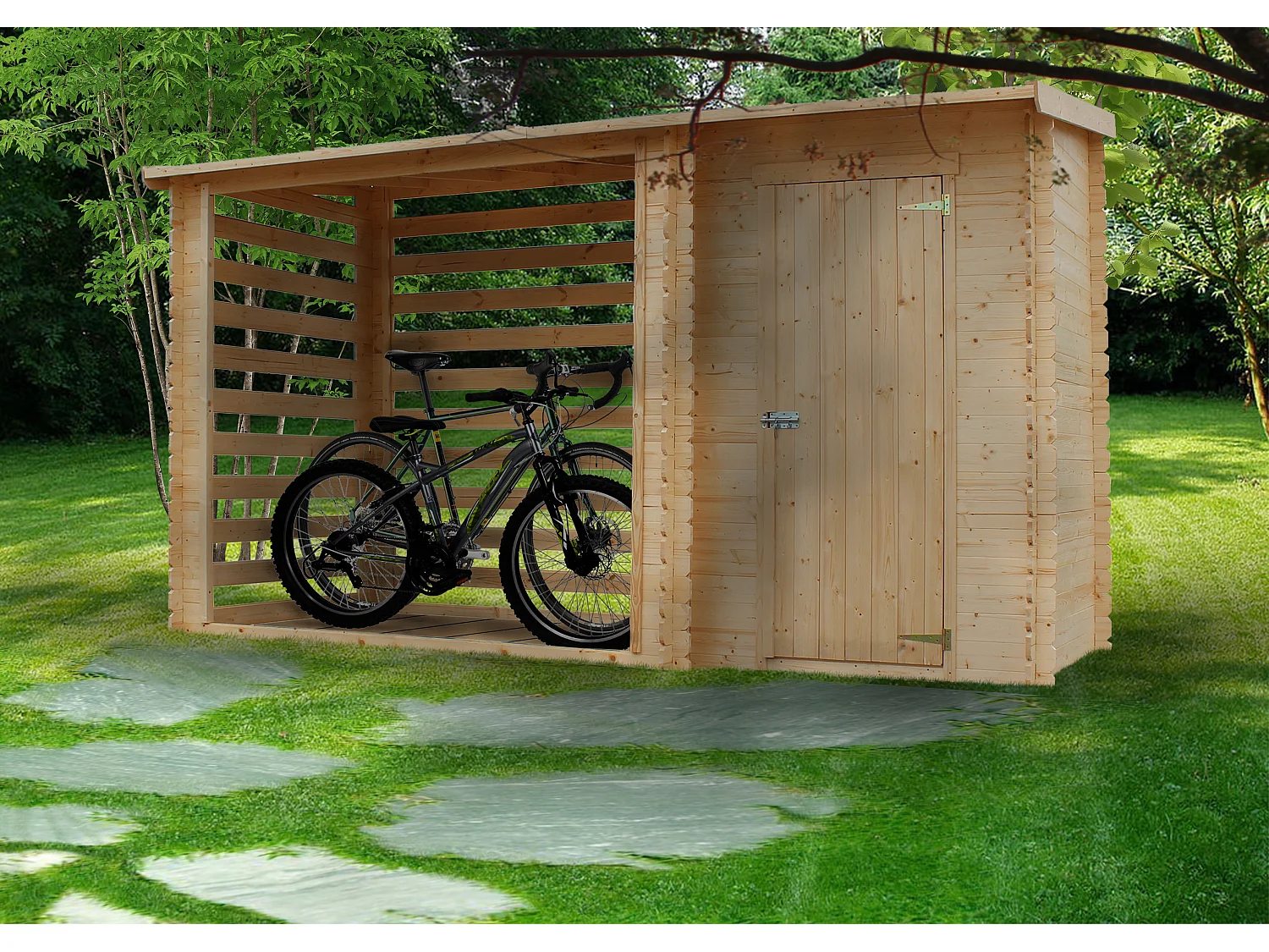 TIMBELA M205 Abri de jardin+ Chalet pour vélos - 348 x 146 cm - 2,54 m2+1,1 m2