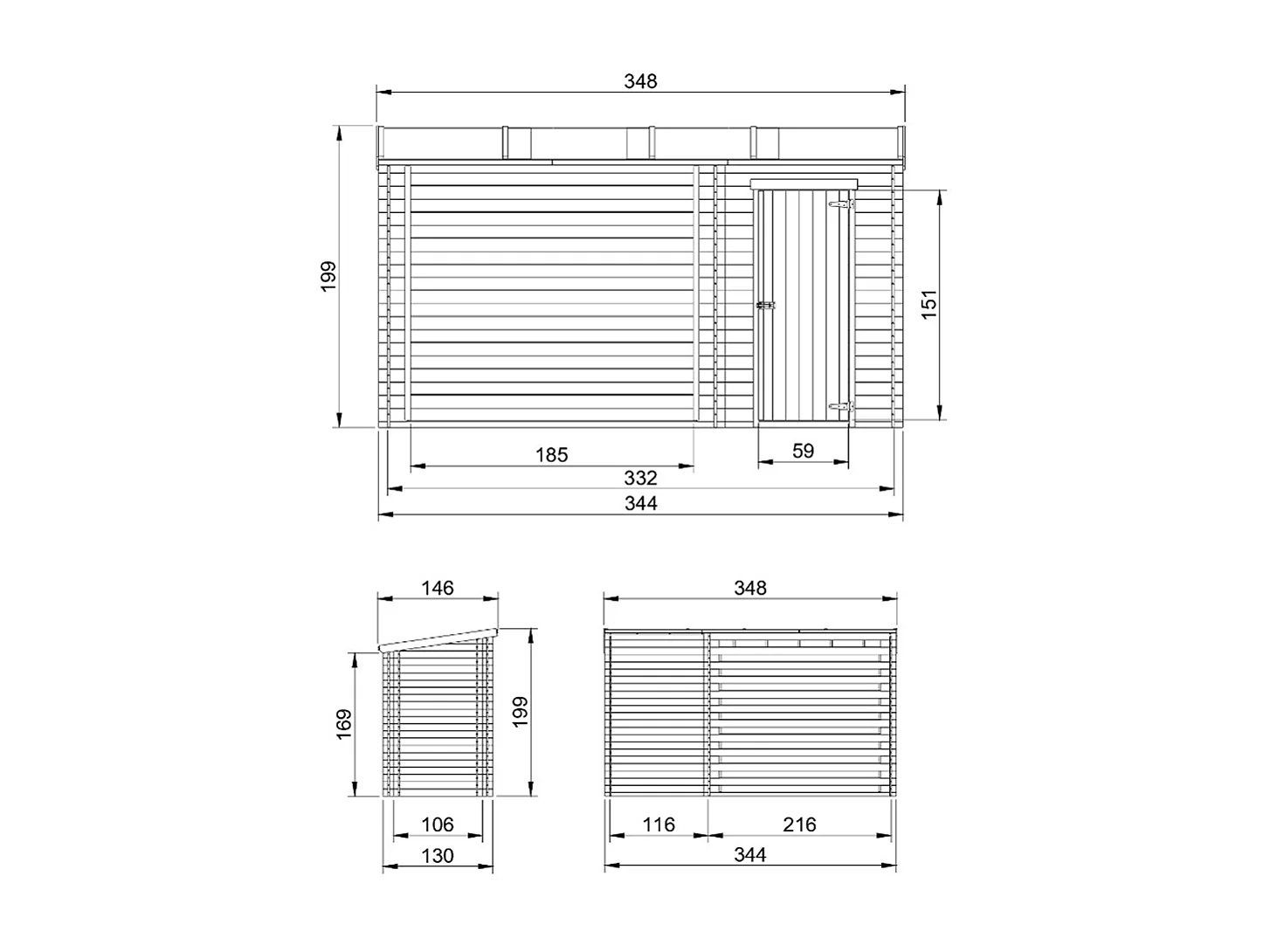 Abri de jardin + chalet pour vélos - 348 x 146 cm - 2,54 m2+1,1 m2 - M205
