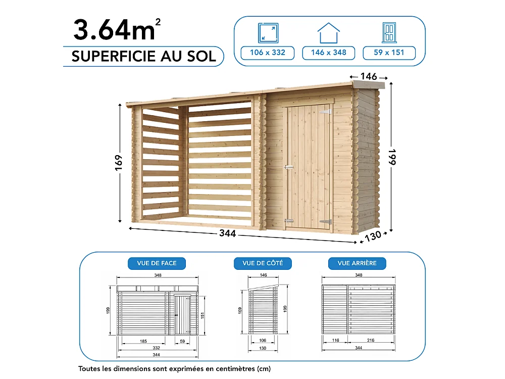 Abri de jardin + chalet pour vélos - 348 x 146 cm - 2,54 m2+1,1 m2 - M205