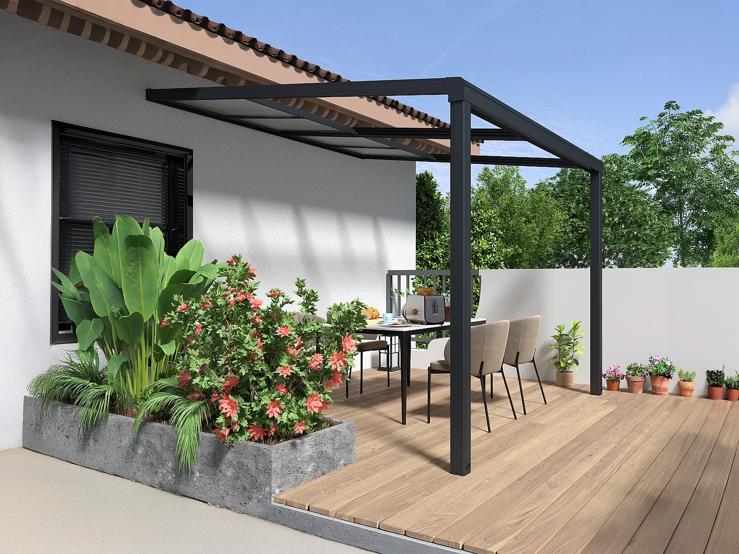Pergola adossée en aluminium avec toit coulissant - 9 m² - anthracite - IZEDA