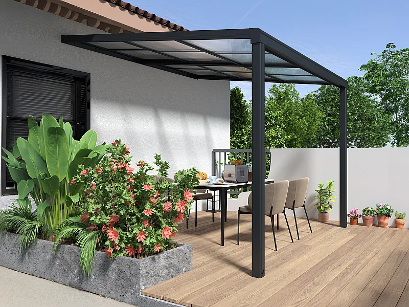 Pergola addossata in alluminio con tetto scorrevole 9 m² Antracite - IZEDA