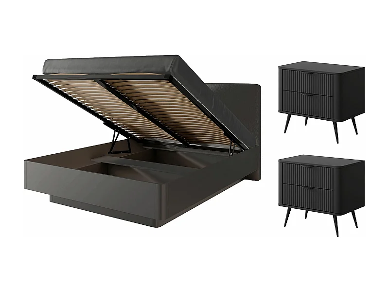 SCHLAFZIMMER-SET Lante schwarz 3-teilig mit Holz-Lattenrahmen