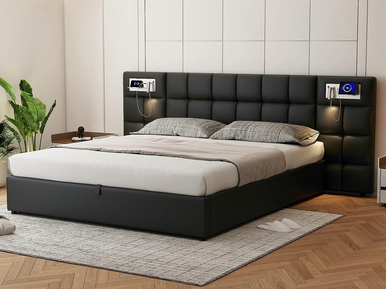 Opbergbed 180x200cm kunstleer stof - met USB poort, draadloos opladen en LED - met lattenbodem - Zwart