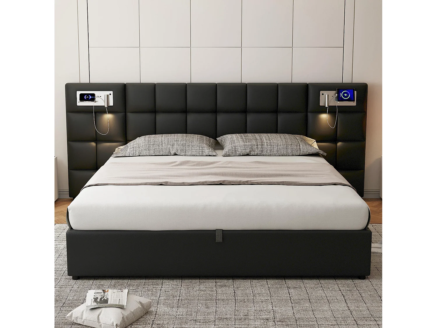 Opbergbed 180x200cm kunstleer stof - met USB poort, draadloos opladen en LED - met lattenbodem - Zwart