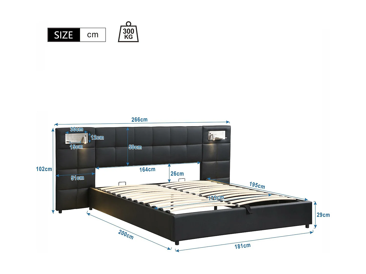Opbergbed 180x200cm kunstleer stof - met USB poort, draadloos opladen en LED - met lattenbodem - Zwart