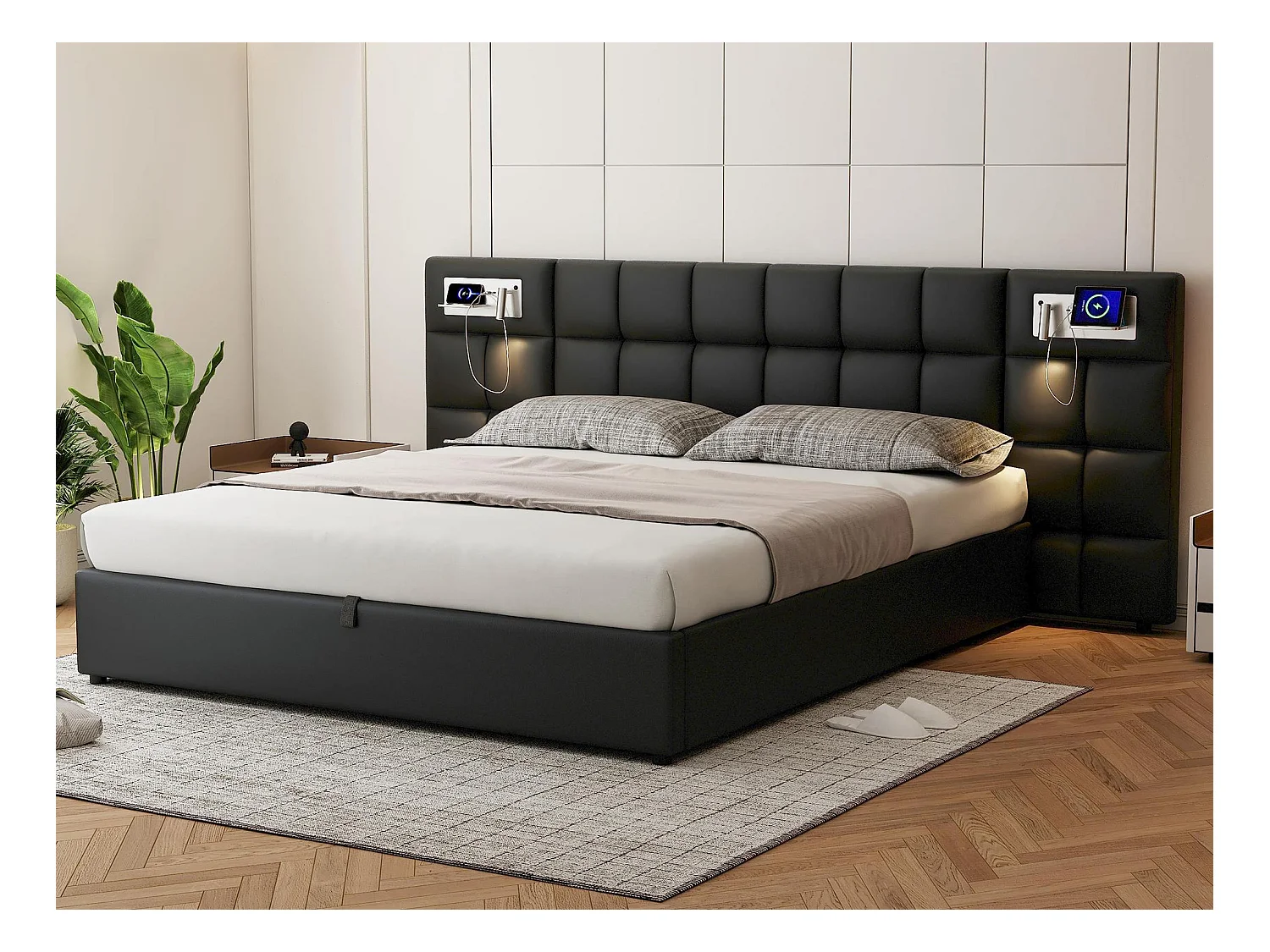 Łóżko 180x200cm z tkaniny sztucznej skóry - z portem USB, ładowaniem bezprzewodowym i LED - z stelażem na listwach - Czarny