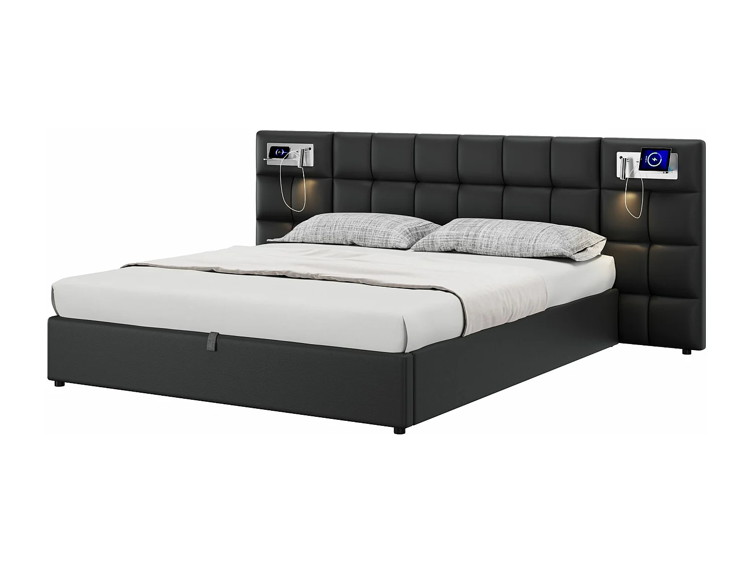 Bett mit Stauraum, 180 x 200 cm, Kunstlederstoff – mit USB-Anschluss, kabellosem Laden und LED – mit Lattenrost – Schwarz