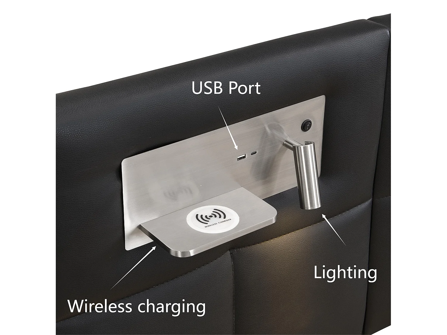 Bett mit Stauraum, 180 x 200 cm, Kunstlederstoff – mit USB-Anschluss, kabellosem Laden und LED – mit Lattenrost – Schwarz