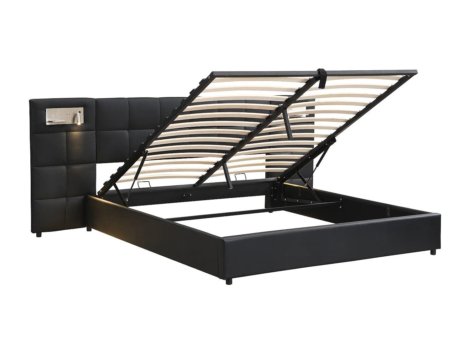 Bett mit Stauraum, 180 x 200 cm, Kunstlederstoff – mit USB-Anschluss, kabellosem Laden und LED – mit Lattenrost – Schwarz