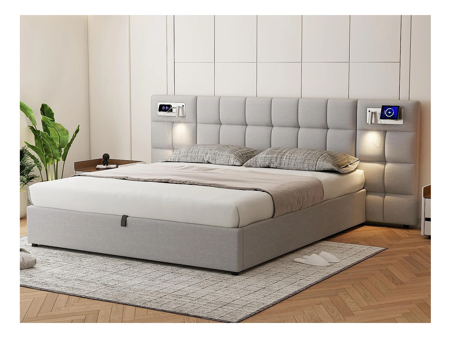 Lit coffre 180x200cm tissu en lin - avec port USB、recharge sans fil et LED - avec sommier à lattes - Gris