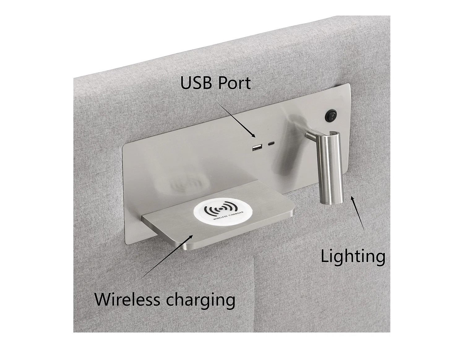 Lit coffre 180x200cm tissu en lin - avec port USB、recharge sans fil et LED - avec sommier à lattes - Gris