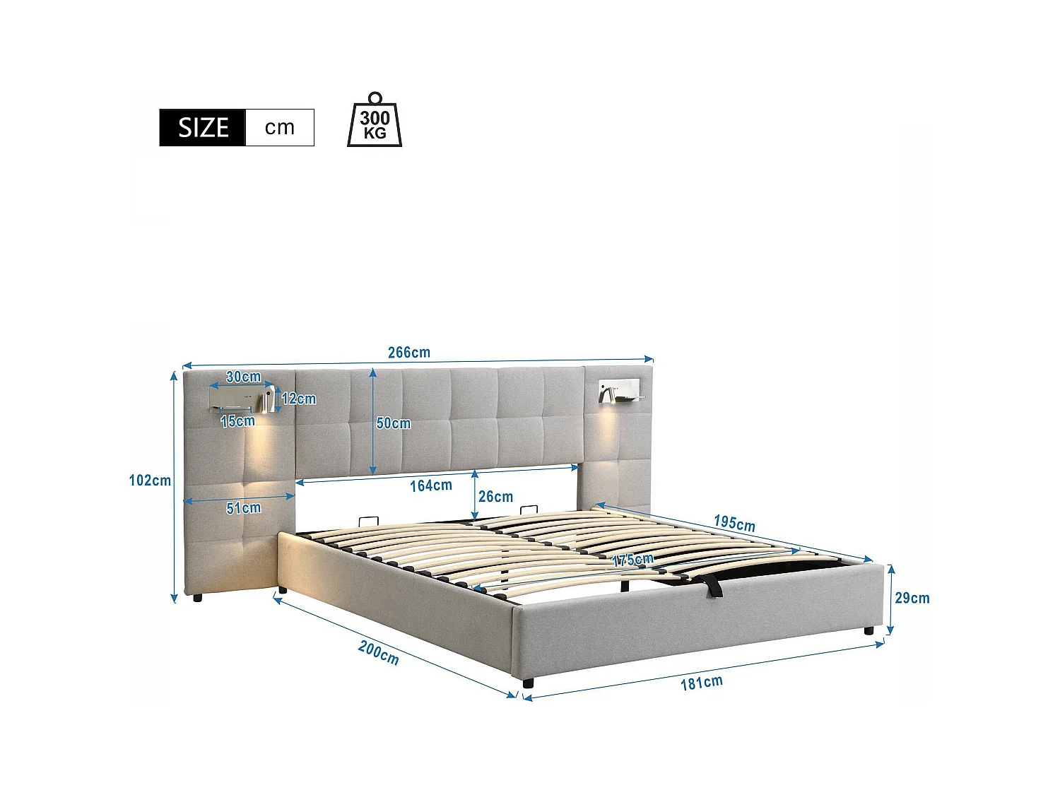 Cama contenedor de tela de lino 180x200 cm - con puerto USB, carga inalámbrica y LED - con somier - Gris