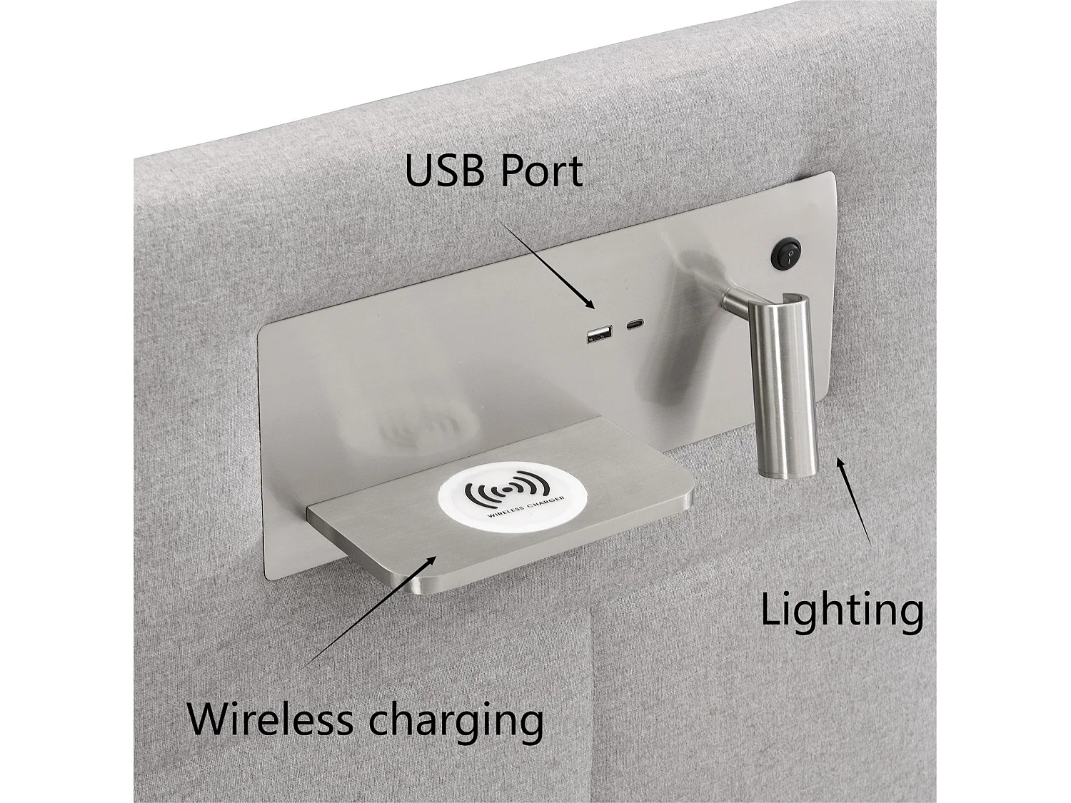 Cama contenedor de tela de lino 180x200 cm - con puerto USB, carga inalámbrica y LED - con somier - Gris
