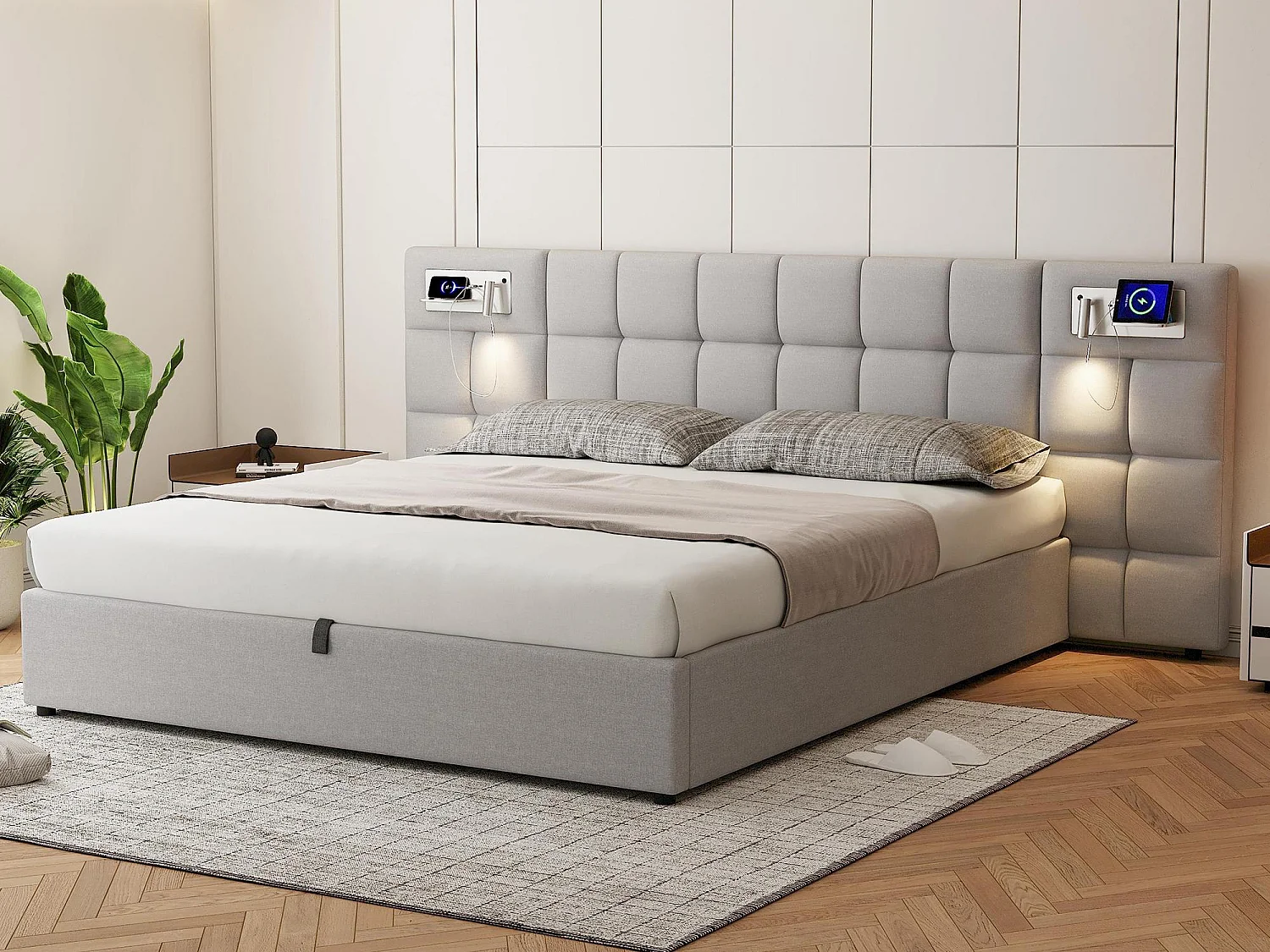 Cama contenedor de tela de lino 180x200 cm - con puerto USB, carga inalámbrica y LED - con somier - Gris