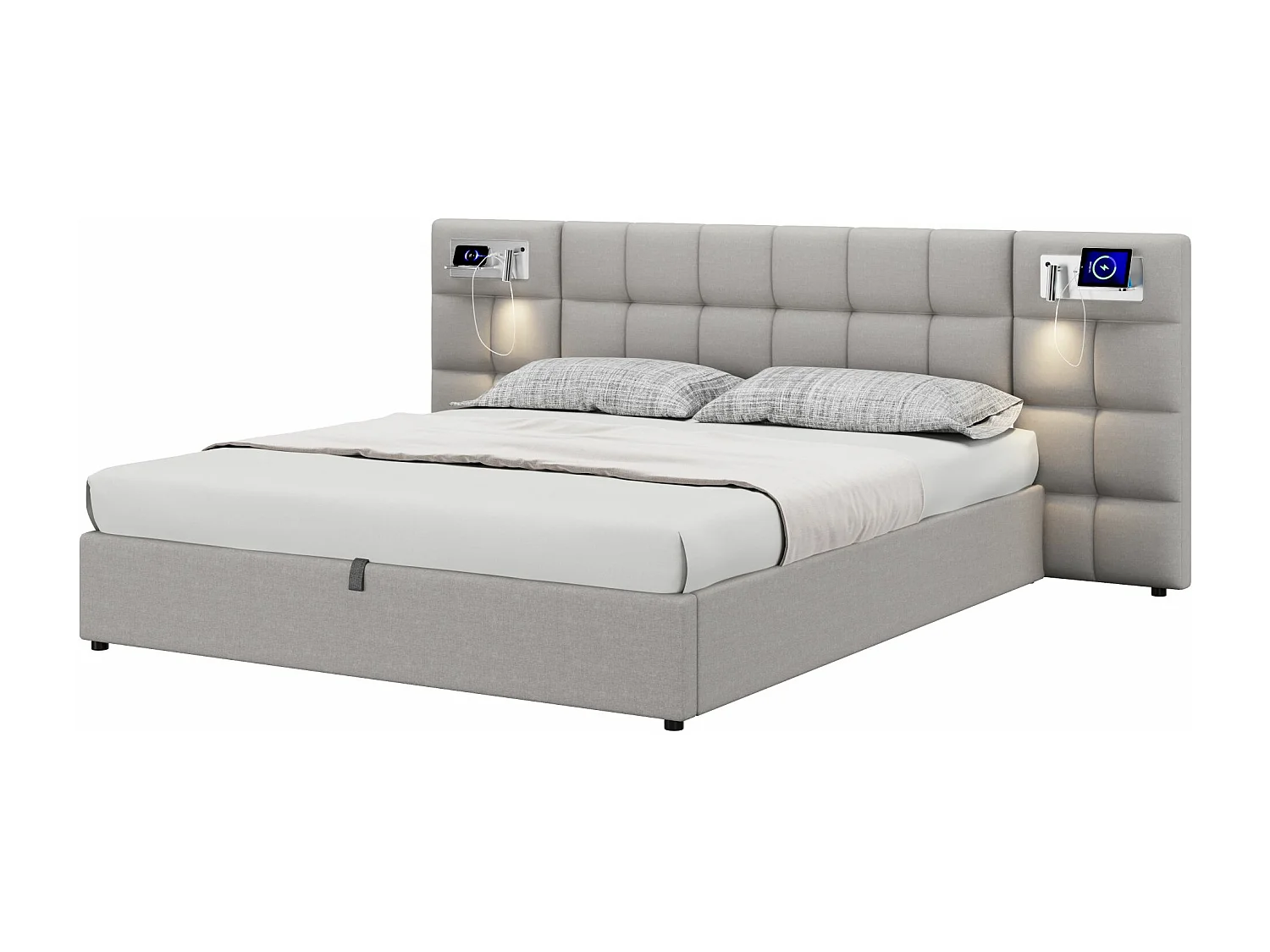 Cama contenedor de tela de lino 180x200 cm - con puerto USB, carga inalámbrica y LED - con somier - Gris