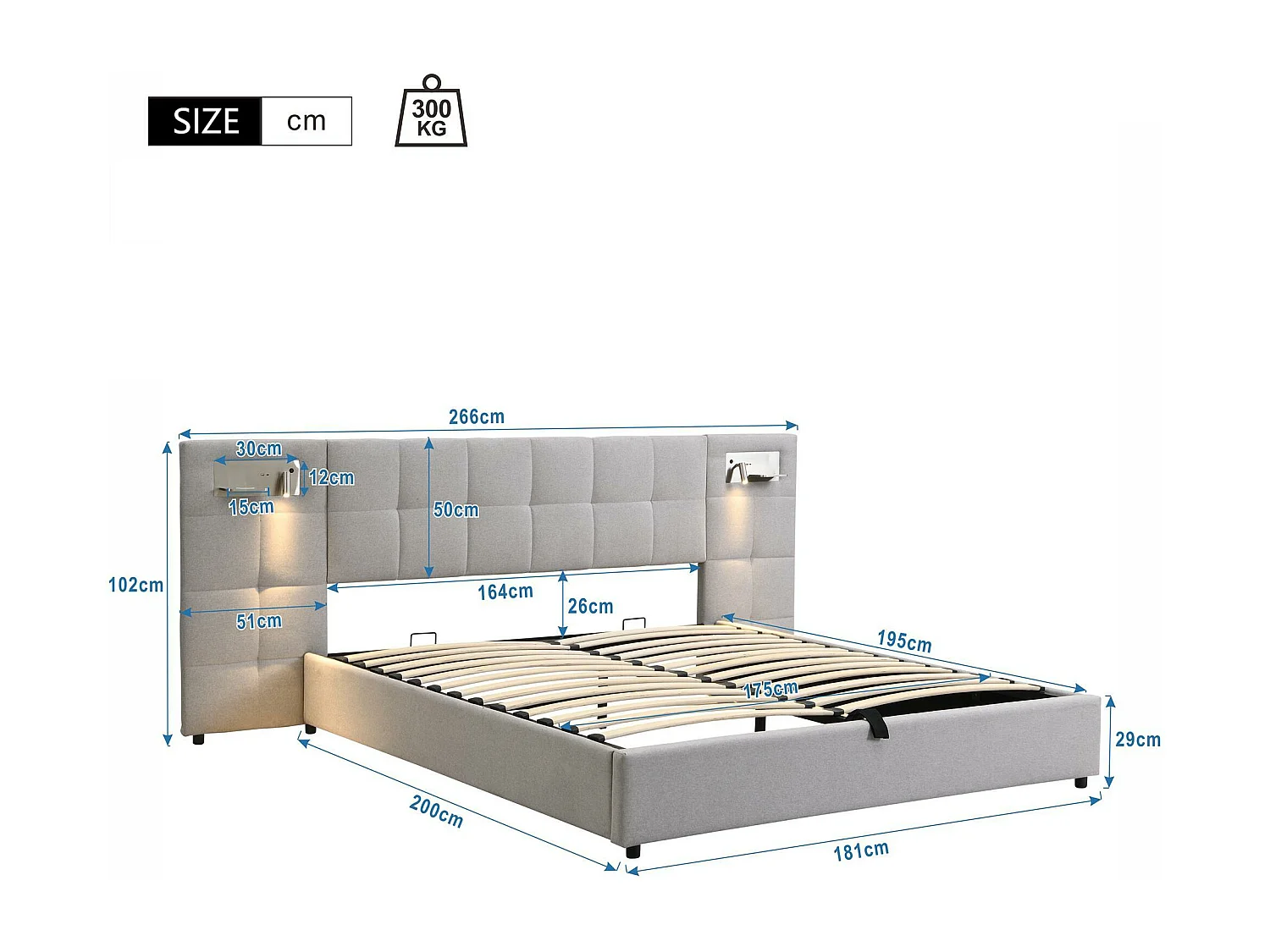 Lit coffre 180x200cm tissu en lin - avec port USB、recharge sans fil et LED - avec sommier à lattes - Gris