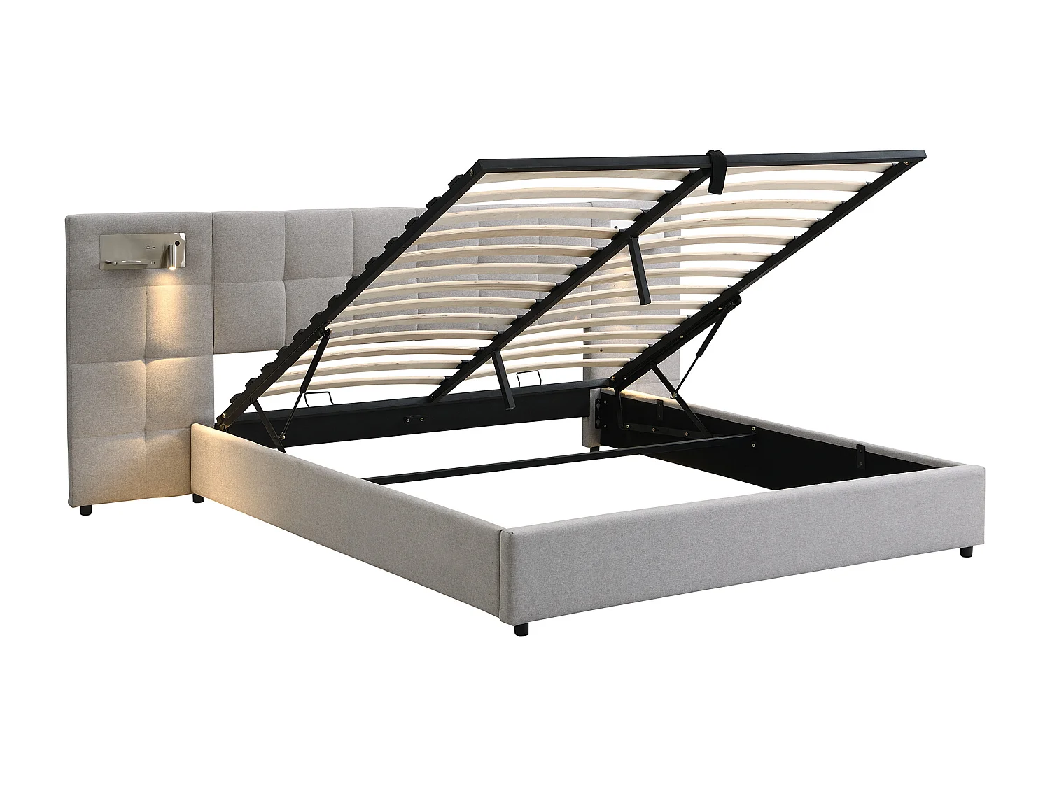 Lit coffre 180x200cm tissu en lin - avec port USB、recharge sans fil et LED - avec sommier à lattes - Gris