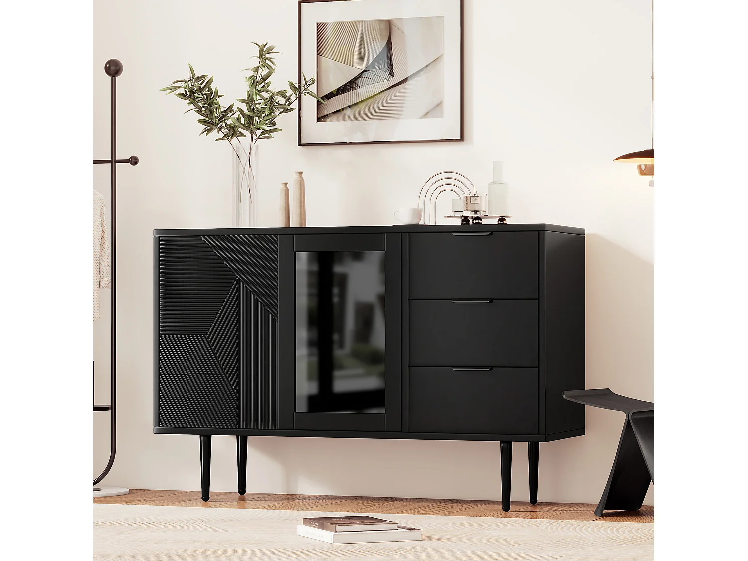 Commode avec 3 tiroirs et 2 portes, avec pieds en bois et portes en verre, panneaux de particules, noir, 120 x 38 x 79,5 cm
