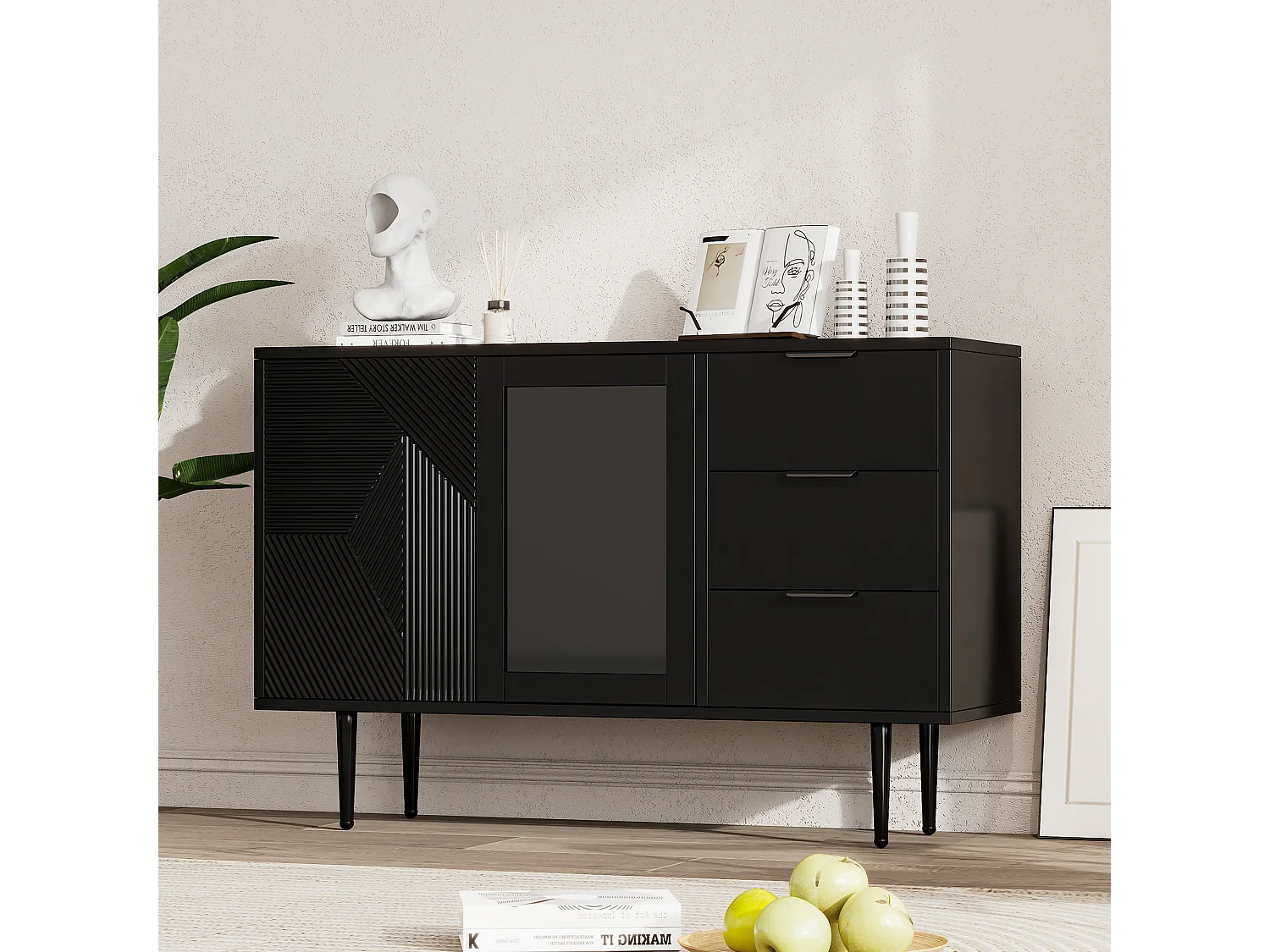 Commode avec 3 tiroirs et 2 portes, avec pieds en bois et portes en verre, panneaux de particules, noir, 120 x 38 x 79,5 cm